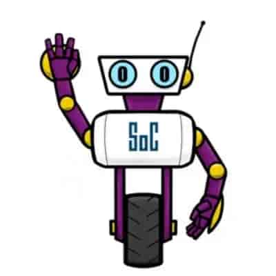 Glitch the school mascot, a humanoid robot that is waving with one wheel instead of feet